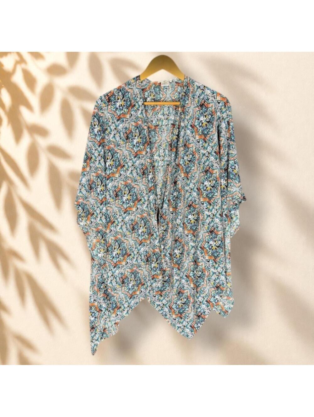 Earthbound Top Women One Size Blue Geometric Open Front 3/4 Sleeve Casual